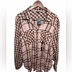 Torrid Women's 1X Checkered Button Down Shirt Burgundy Light Pink New